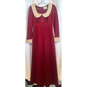 VTG 70s Peter Pan Collar Long Sleeve Maxi Dress Maroon Size 7 Estivo